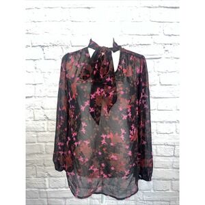 Cabi Women's Whimsigoth Romantic  Feminine Floral Sheer Tie Neck Blouse Size XS